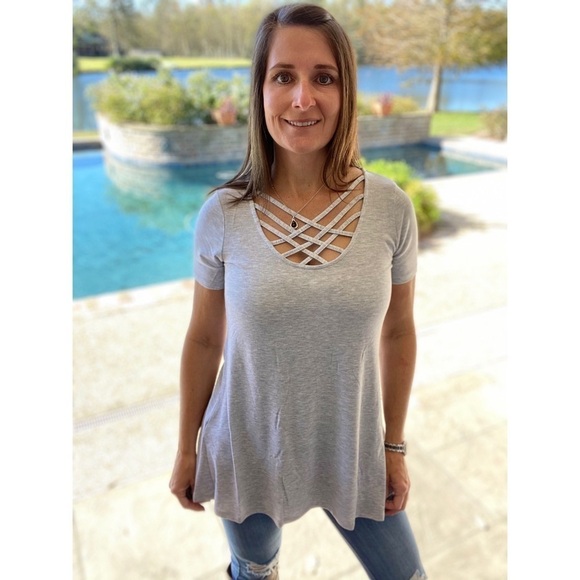 Triple Lattice Criss Cross Cutout Tunic Gray 4920 - Picture 2 of 4